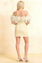 Back View of Chloe Lemon Crepe Dress with Fluffy Feather Off-Shoulder Detail - Semi-Formal Mini Dress