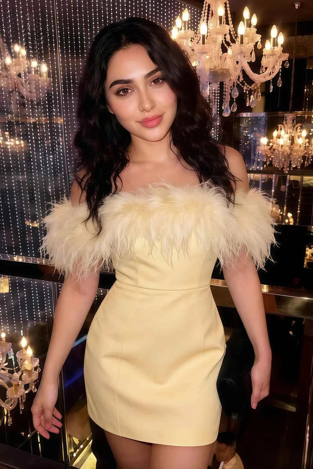 Real Customer Wearing Chloe Lemon Strapless Feather Mini Dress to Nightclub - Glamorous Prom Outfit