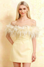 Close Up of Chloe Lemon Off-Shoulder Feather Dress - Soft Crepe Fabric & Mini Length for Homecoming