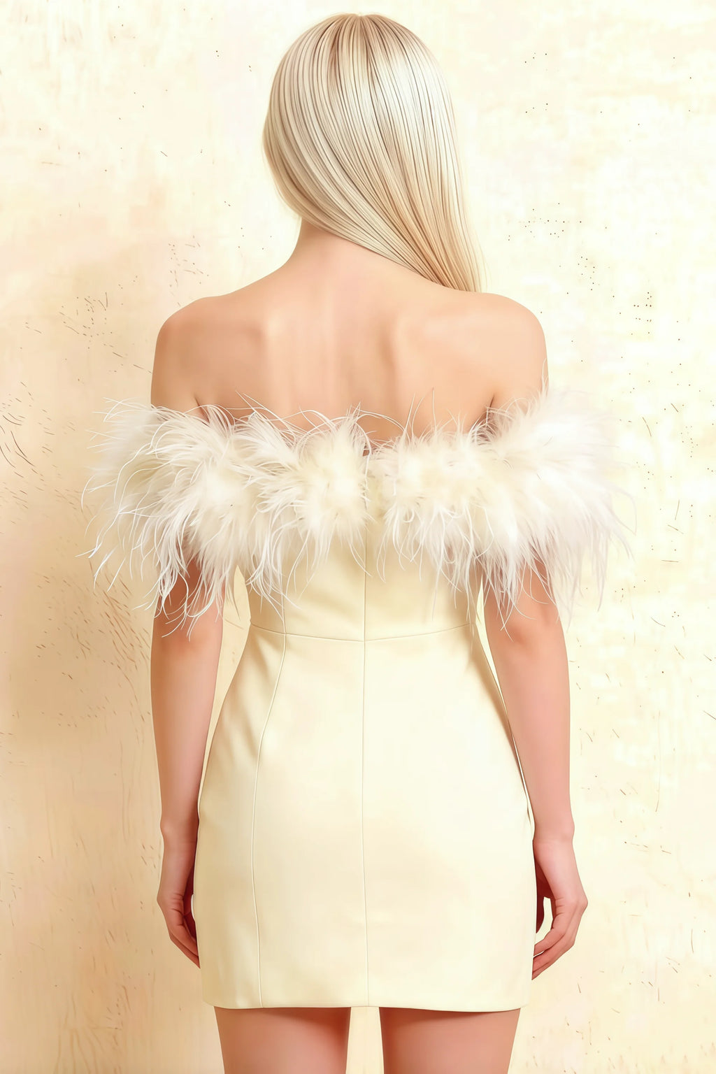 Detailed Back Design of Chloe Lemon Strapless Dress with Feather Trim - Sophisticated Mini Crepe Dress