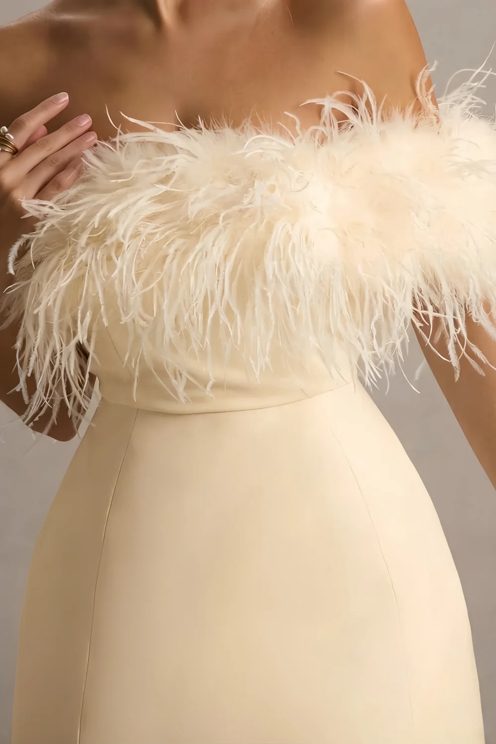 Luxury Feather Trim Close Up on Chloe Lemon Strapless Dress - Premium Crepe Material for Party