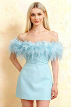 Elegant Chloe light blue off-shoulder feather mini dress in crepe, suitable for bridesmaid party or cocktail event.