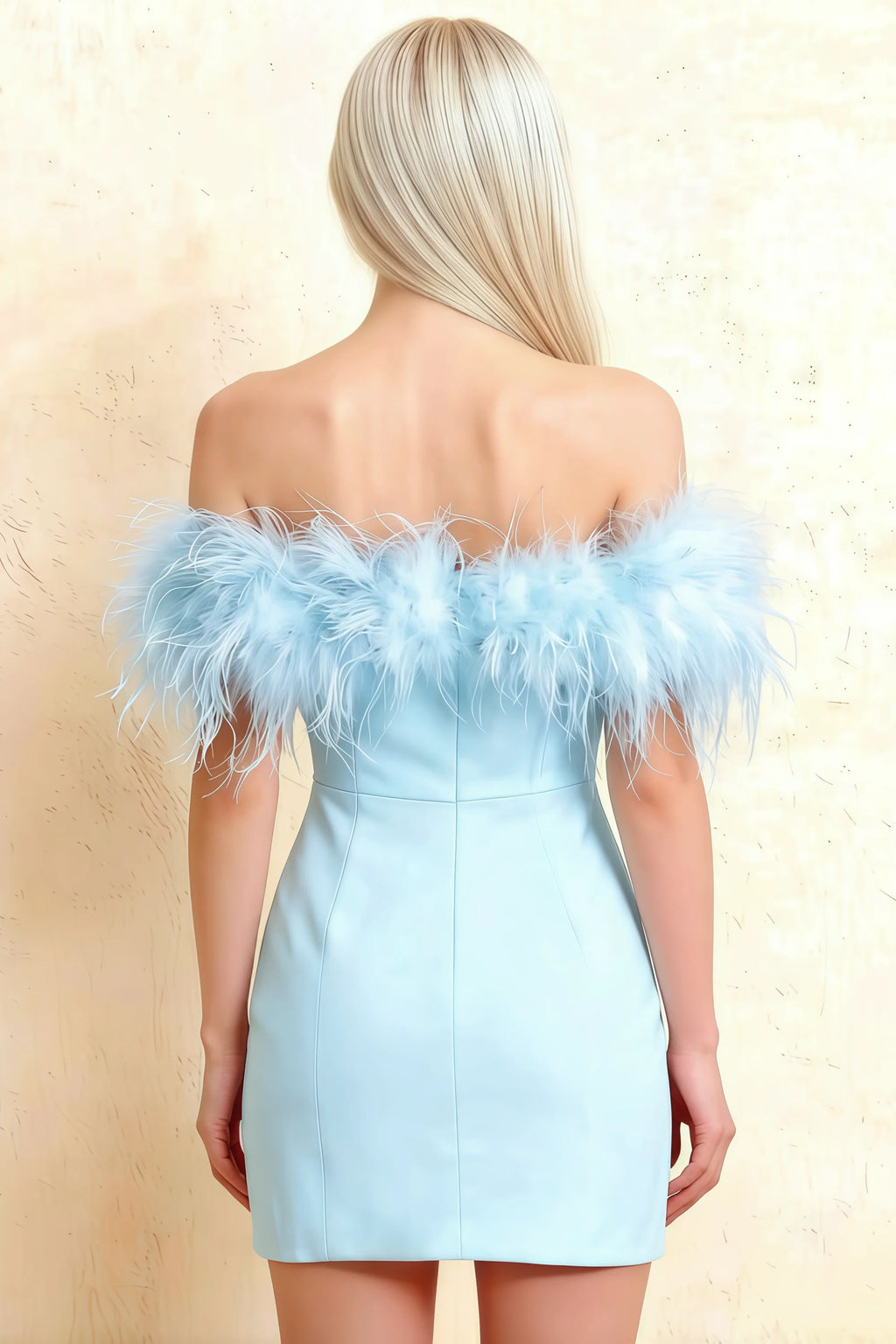 Rear view of Chloe light blue strapless mini dress with fluffy feather trim, ideal for semi-formal or graduation.
