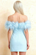 Rear view of Chloe light blue strapless mini dress with fluffy feather trim, ideal for semi-formal or graduation.