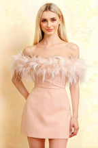 Close up of Chloe light pink crepe mini dress with fluffy feather trim, off-shoulder neckline, ideal for bridesmaid party.