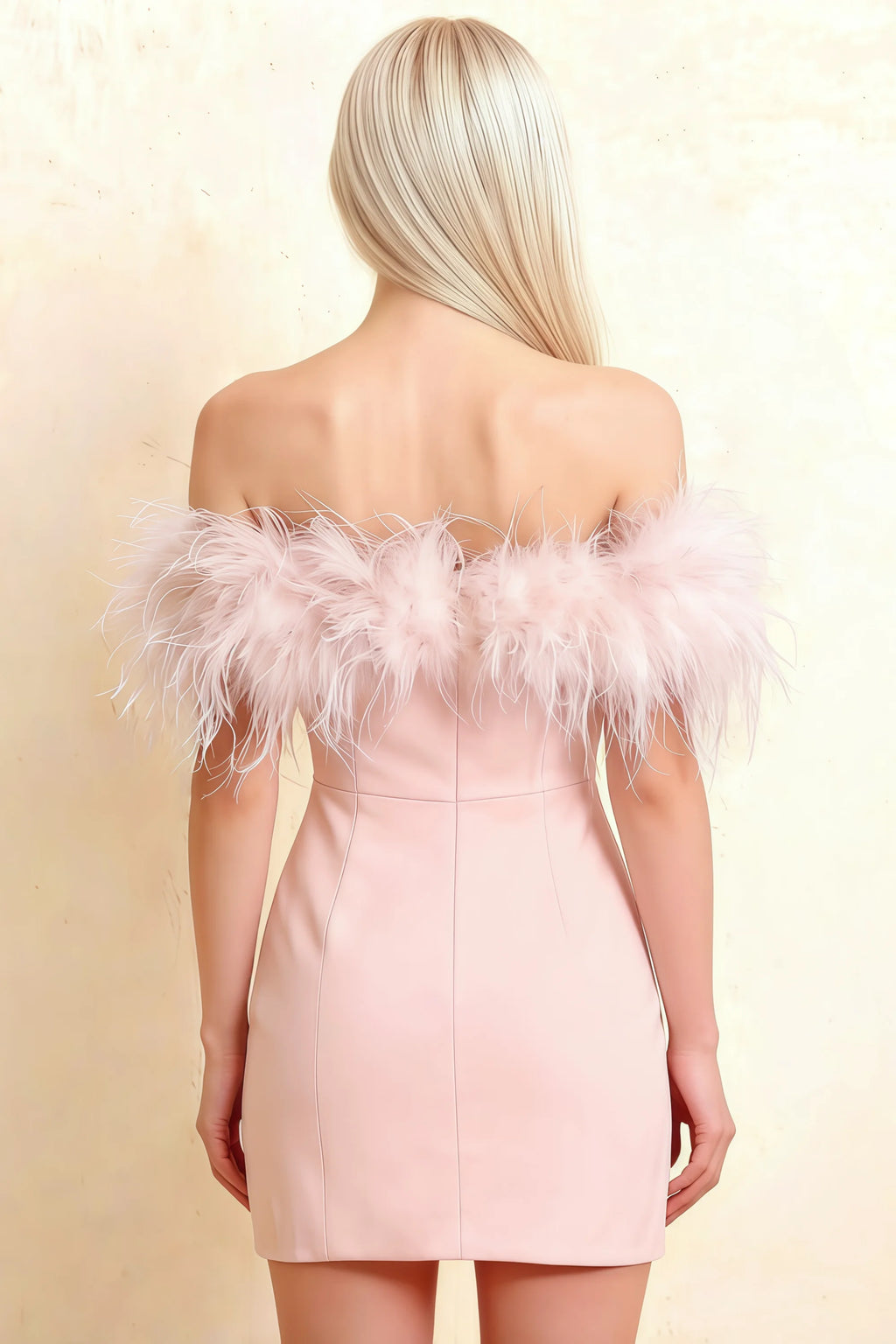 Detailed back view of Chloe light pink strapless dress, showing feather texture and zipper closure, suitable for formal dinners.