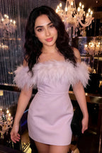 Real customer wearing Chloe lilac strapless feather mini dress to nightclub event, stylish semi - formal party look