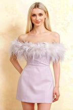 Flattering fit: Chloe lilac strapless feather mini dress, crepe fabric flatters figure, perfect for prom or bridesmaid parties