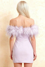 Back detail of Chloe lilac strapless feather mini dress, delicate feather trim & tailored crepe silhouette, formal event ready