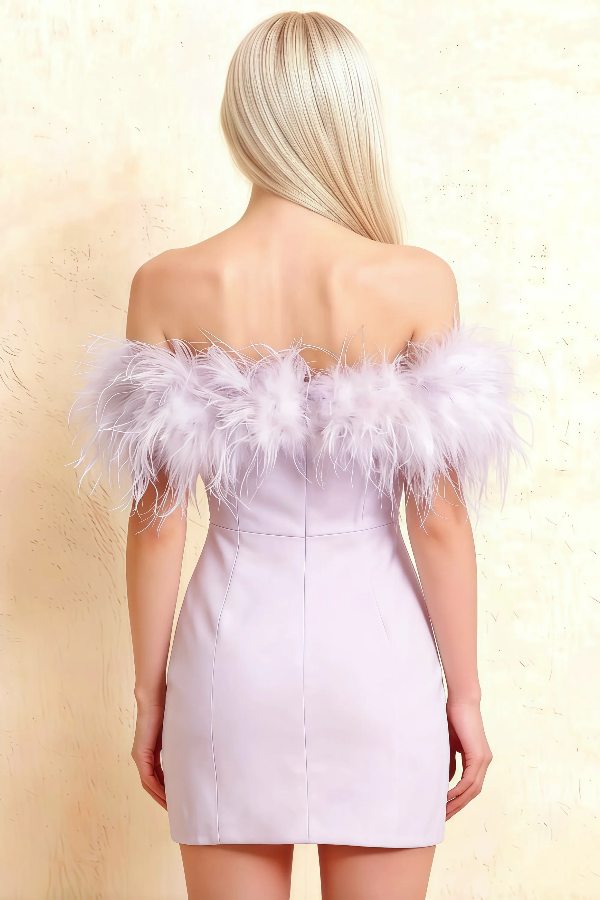 Back detail of Chloe lilac strapless feather mini dress, delicate feather trim & tailored crepe silhouette, formal event ready