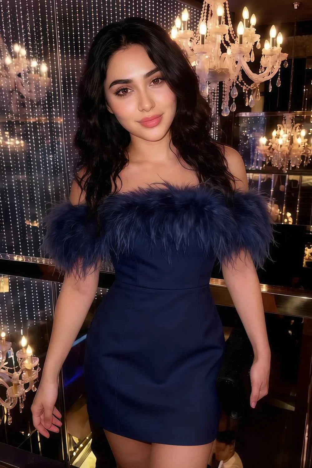 Real customer wearing the Chloe navy crepe feather mini dress to a party, showcasing the fit and off-shoulder style in a real-life setting.