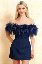 Flattering off-shoulder design of the Chloe navy feather mini dress, made from smooth crepe fabric, great for bridesmaid parties.