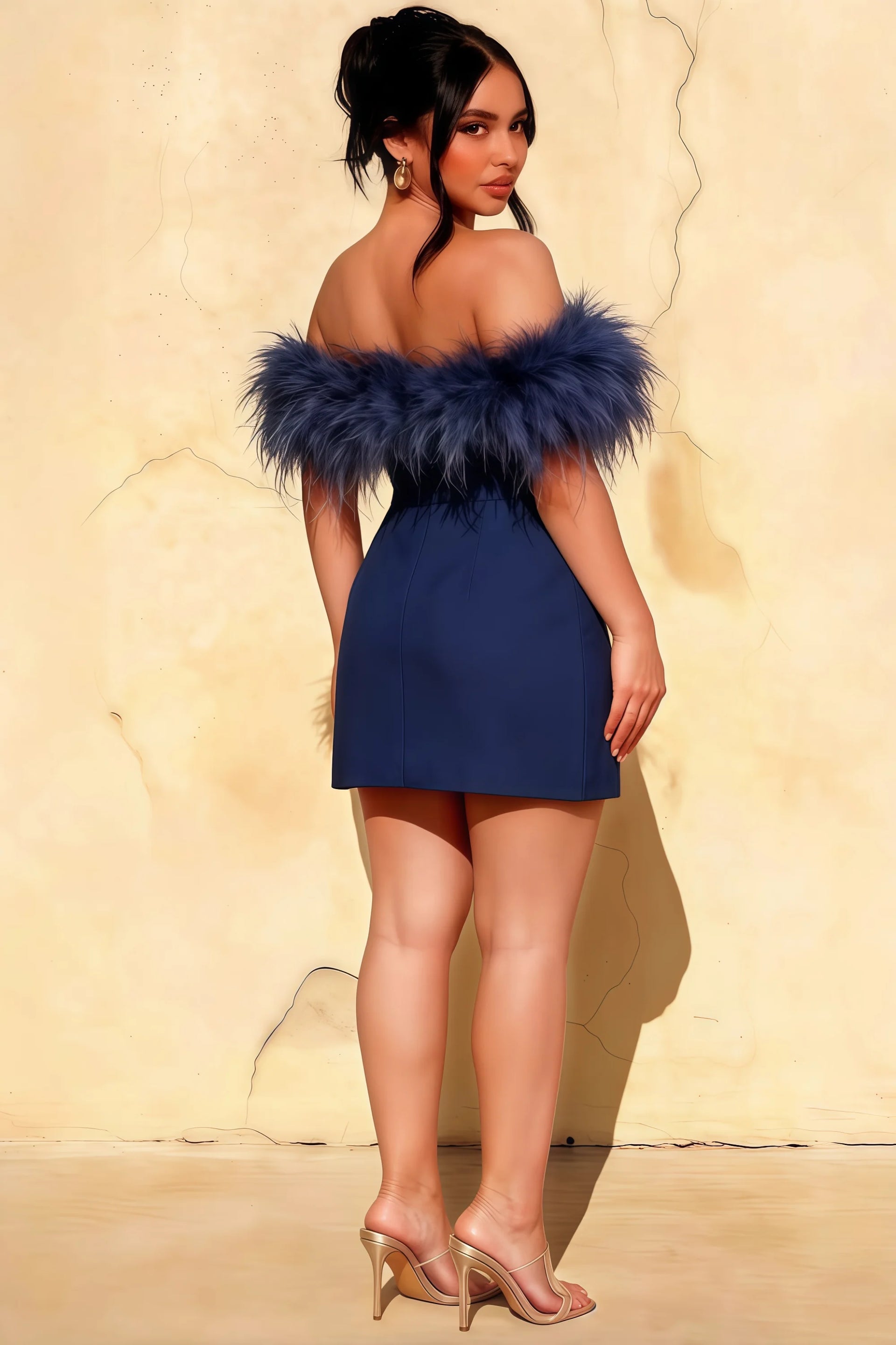 Back view of the Chloe navy blue crepe dress on a plus size model, featuring delicate feather trim, suitable for formal dinners.