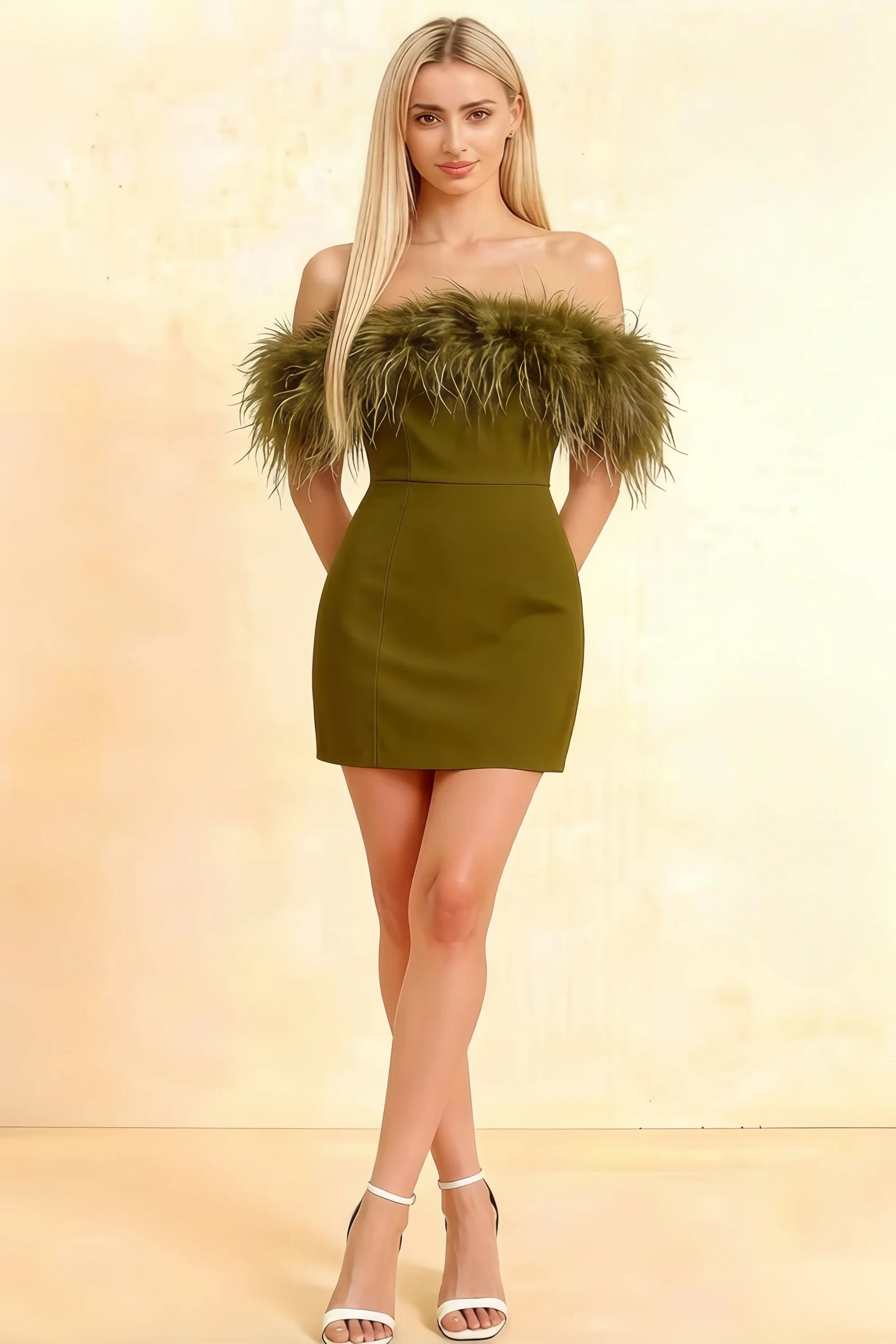 Chloe olive strapless feather trim mini dress in crepe, front view, homecoming & semi - formal party ready, bodycon silhouette