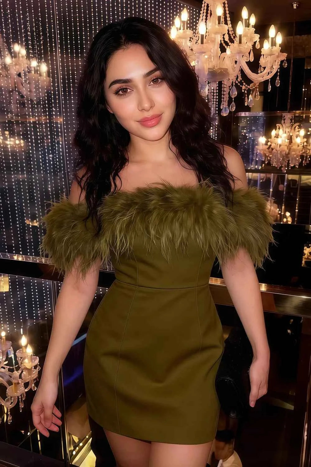 Real customer in Chloe olive strapless feather mini dress, semi - formal party look, crepe fabric, off - shoulder style