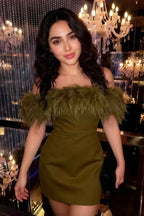 Real customer in Chloe olive strapless feather mini dress, semi - formal party look, crepe fabric, off - shoulder style