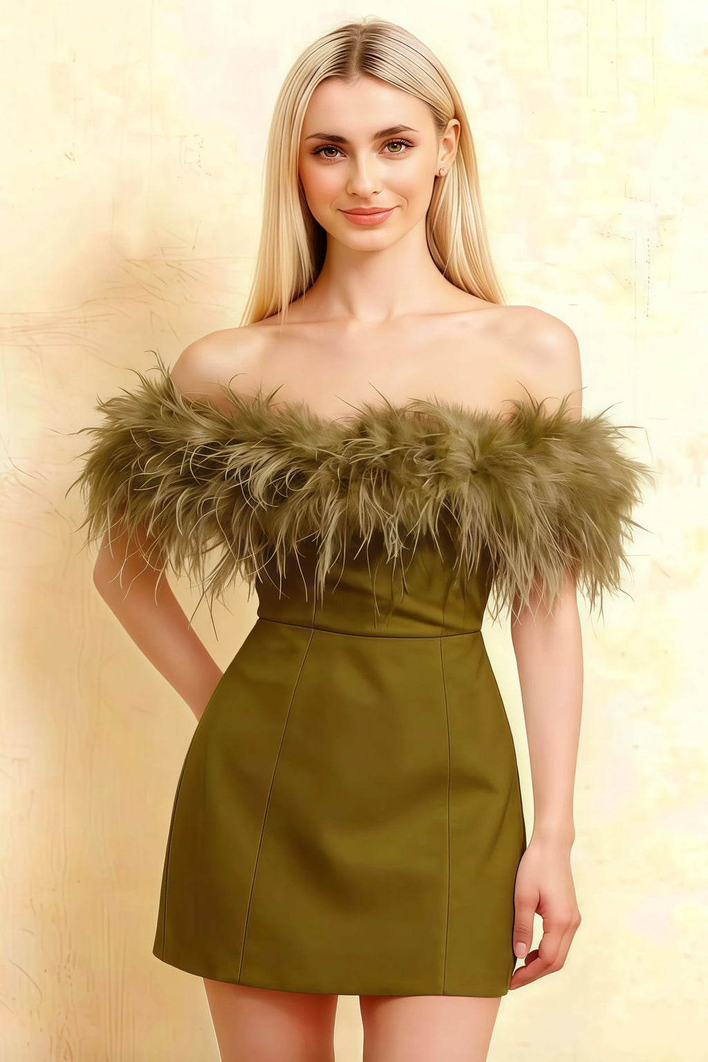 Chloe olive strapless feather mini dress in crepe, front view, bridesmaid party & special occasion, bodycon design