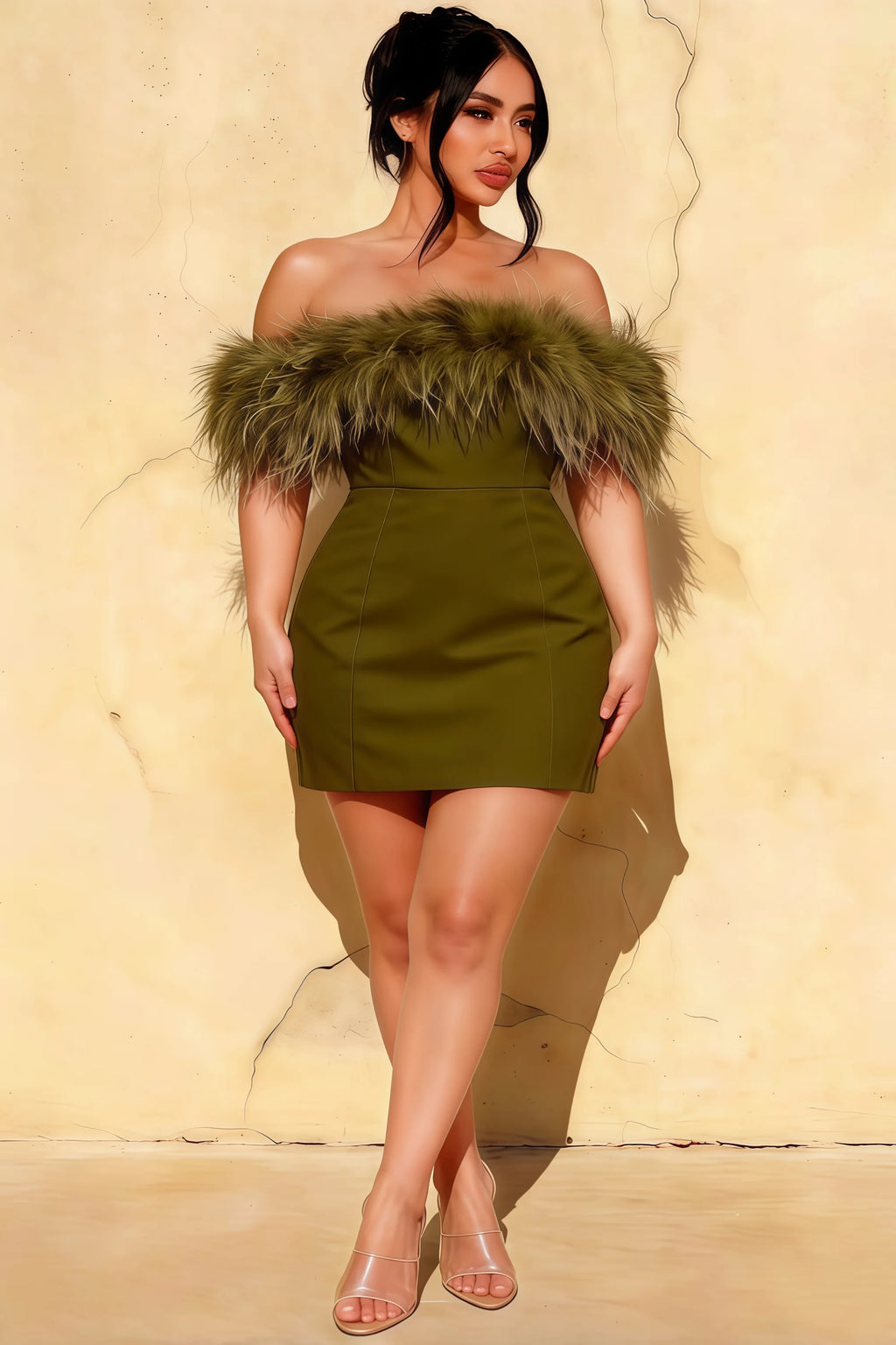 Plus size model in Chloe olive strapless feather mini dress, semi - formal party & inclusive fashion, crepe fabric