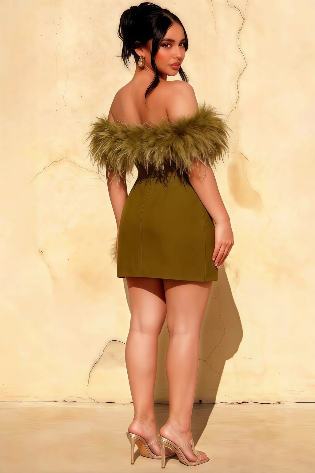 Plus size Chloe olive strapless feather crepe mini dress, back view, bridesmaid party & curvy fit, elegant design