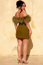 Plus size Chloe olive strapless feather crepe mini dress, back view, bridesmaid party & curvy fit, elegant design