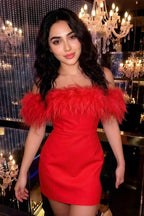 Customer photo of Chloe red strapless feather mini dress, real-life wear at event, elegant for prom or bridesmaid party, plus size available.