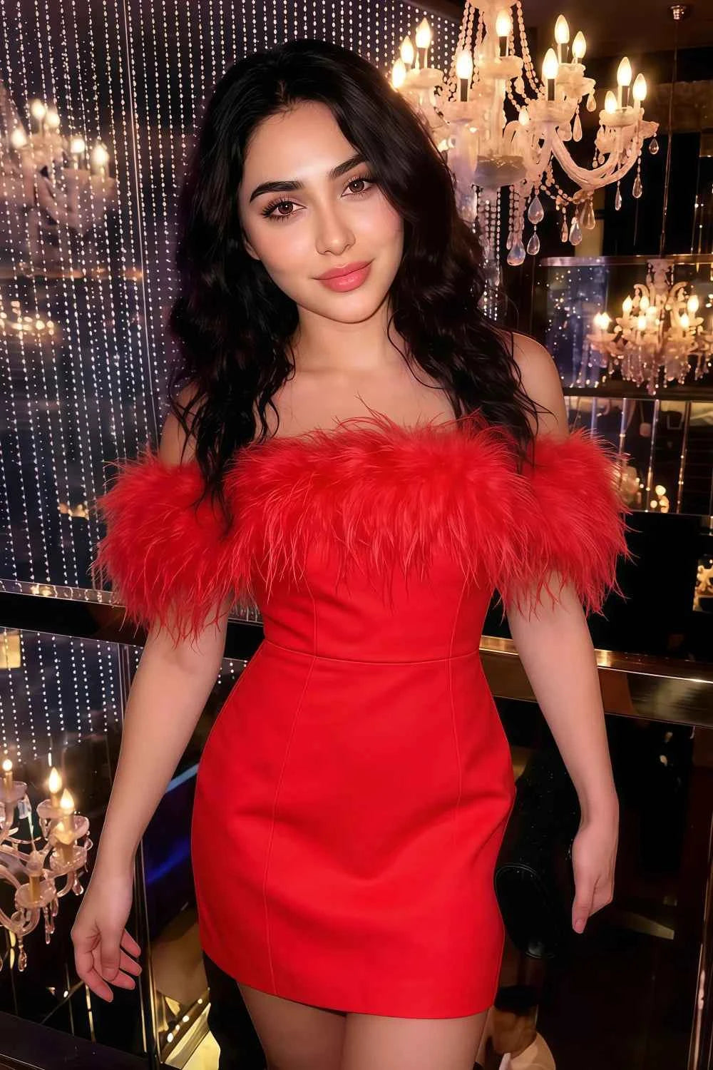 Customer photo of Chloe red strapless feather mini dress, real-life wear at event, elegant for prom or bridesmaid party, plus size available.