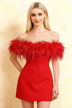 Close-up front view of Chloe red off-shoulder feather mini dress, crepe texture detail, ideal for homecoming or special occasion, studio lighting.