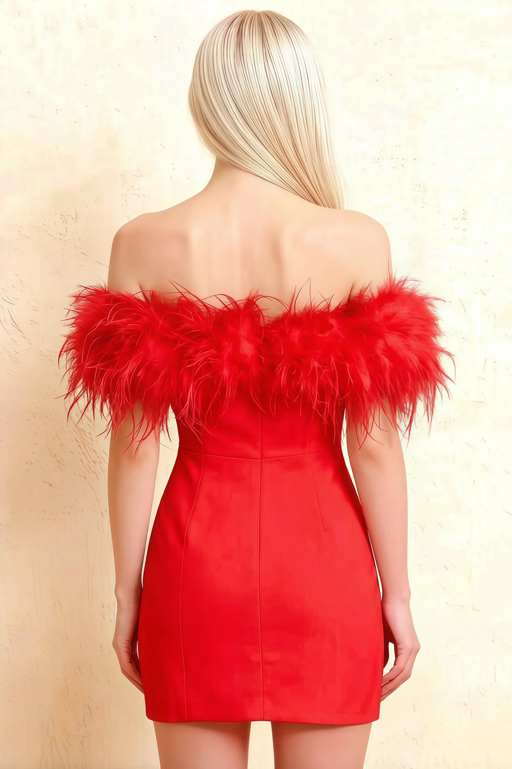 Detailed back view of Chloe red strapless feather mini dress, crepe fabric flow, studio shot highlighting shoulder feathers for party wear