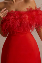 Close-up of Chloe red strapless feather trim, crepe dress bodice detail, showcasing feather quality and fabric texture for SEO.