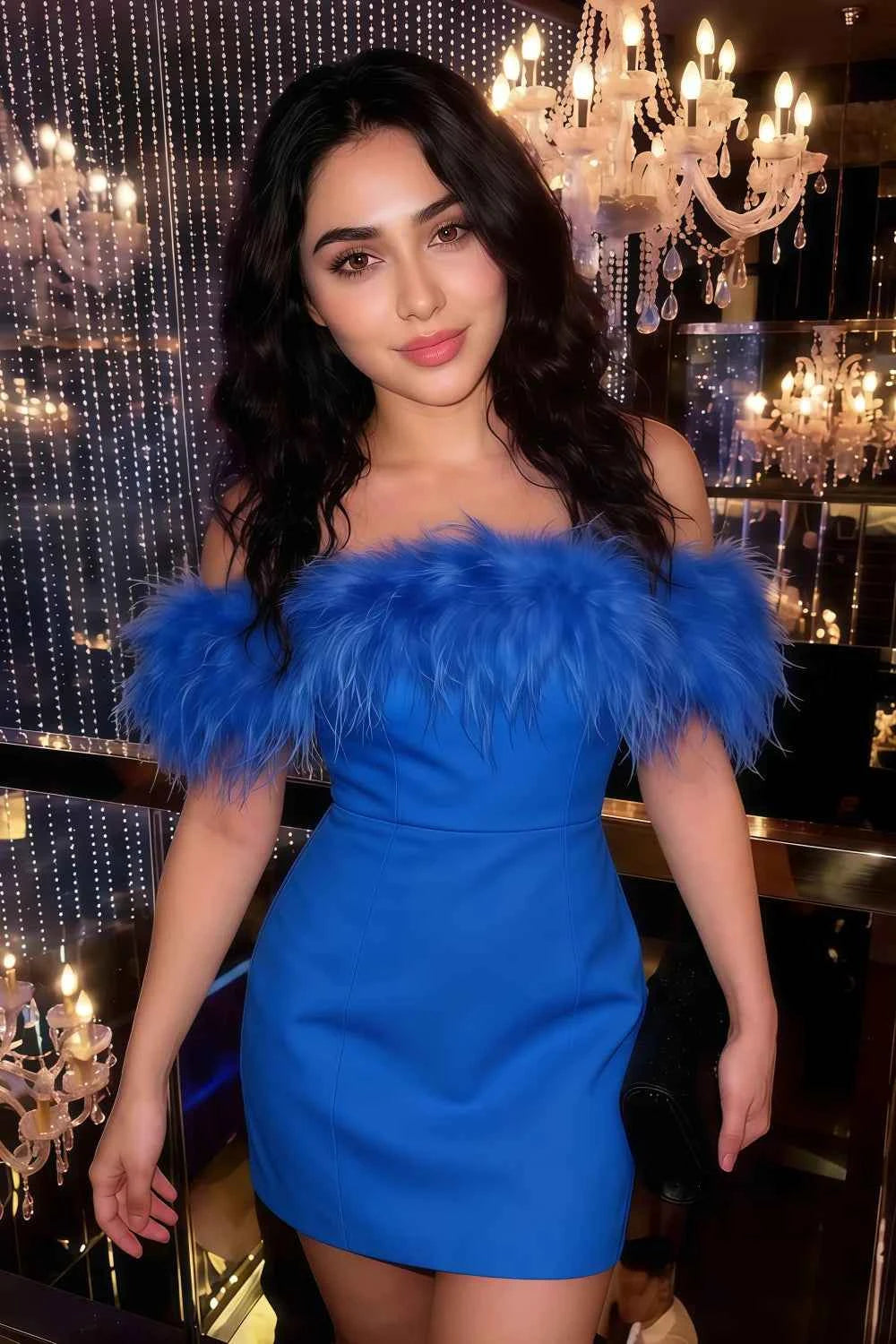 Customer wearing Chloe royal blue off-shoulder feather mini dress to fancy dinner, showcasing real-life elegance at upscale restaurants.