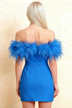 Rear view detail of Chloe royal blue crepe dress featuring delicate feather trim and invisible zipper, ideal for semi-formal evening events.