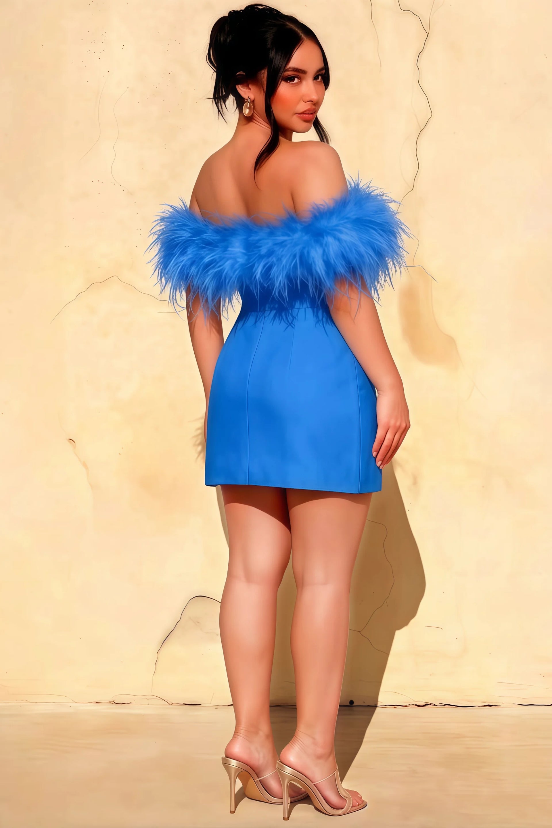 Back view of plus size woman wearing Chloe royal blue crepe dress with feather details, designed for bridesmaid parties and special occasions.