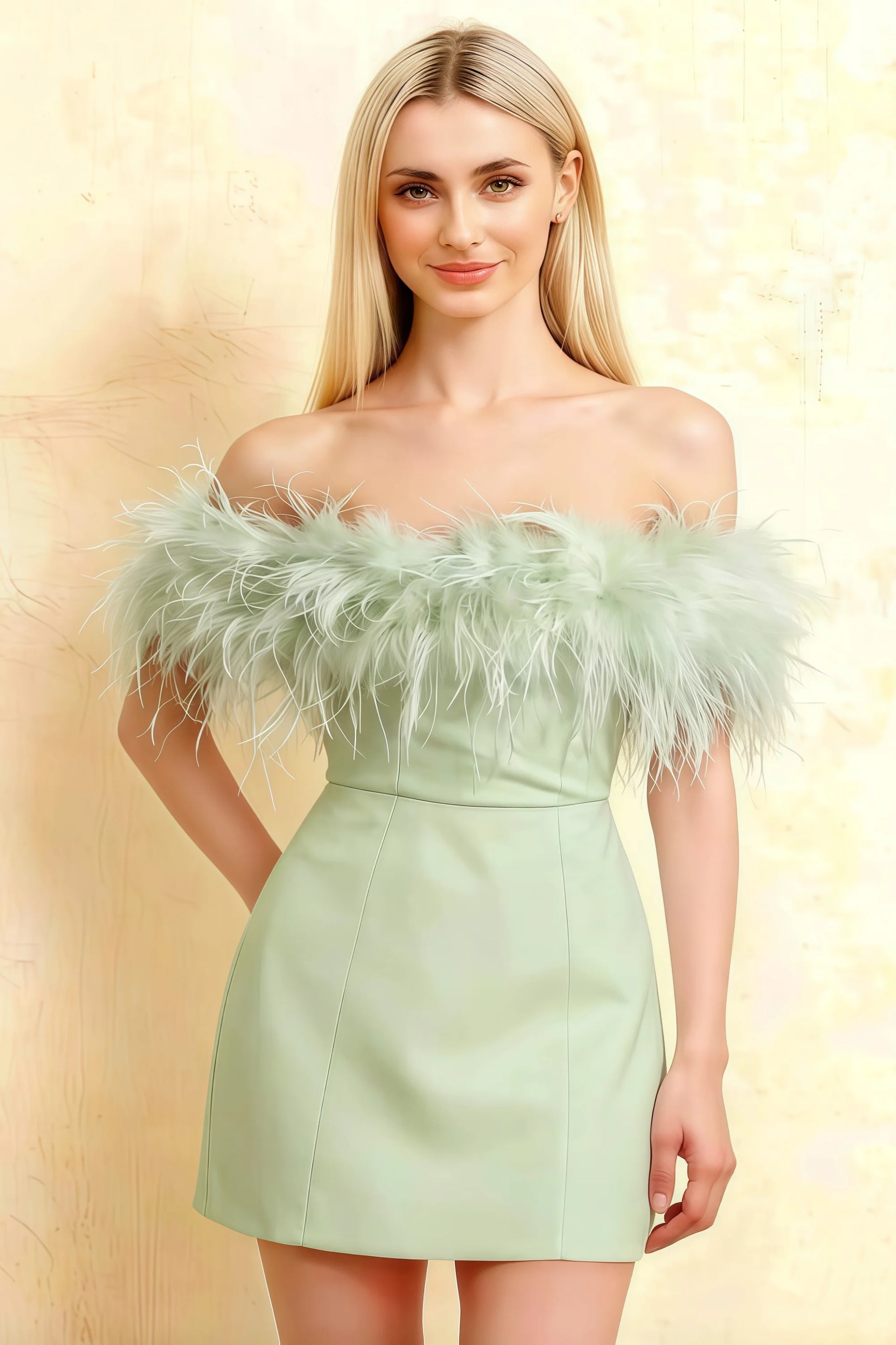 Elegant Chloe sage green off-shoulder feather crepe dress for bridesmaid party and formal dinners