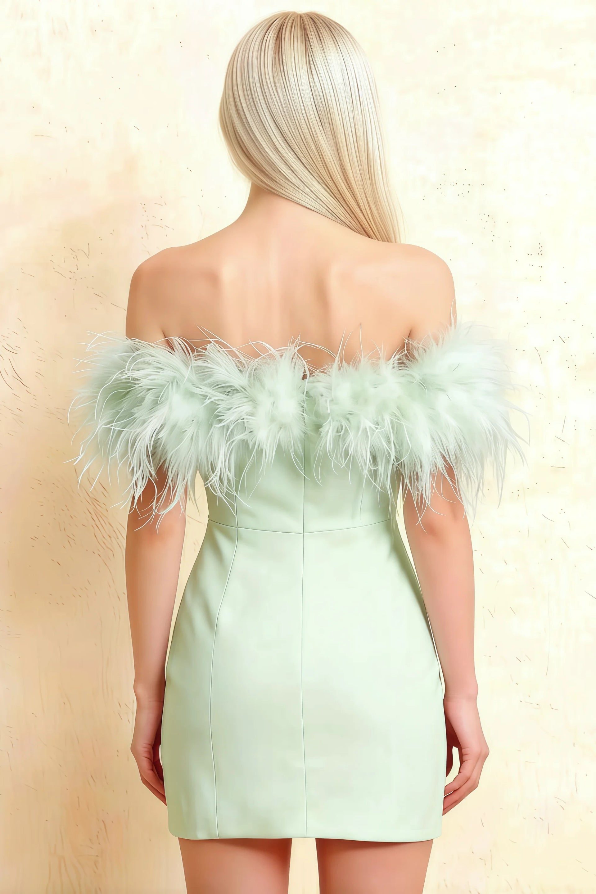Form fitting Chloe sage green strapless mini dress back detail with feather trim for special occasions