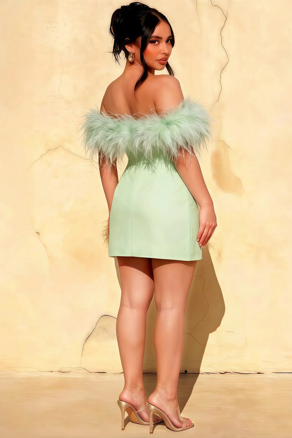 Back view of plus size Chloe sage green crepe dress with fluffy feather sleeves for bridesmaid and prom