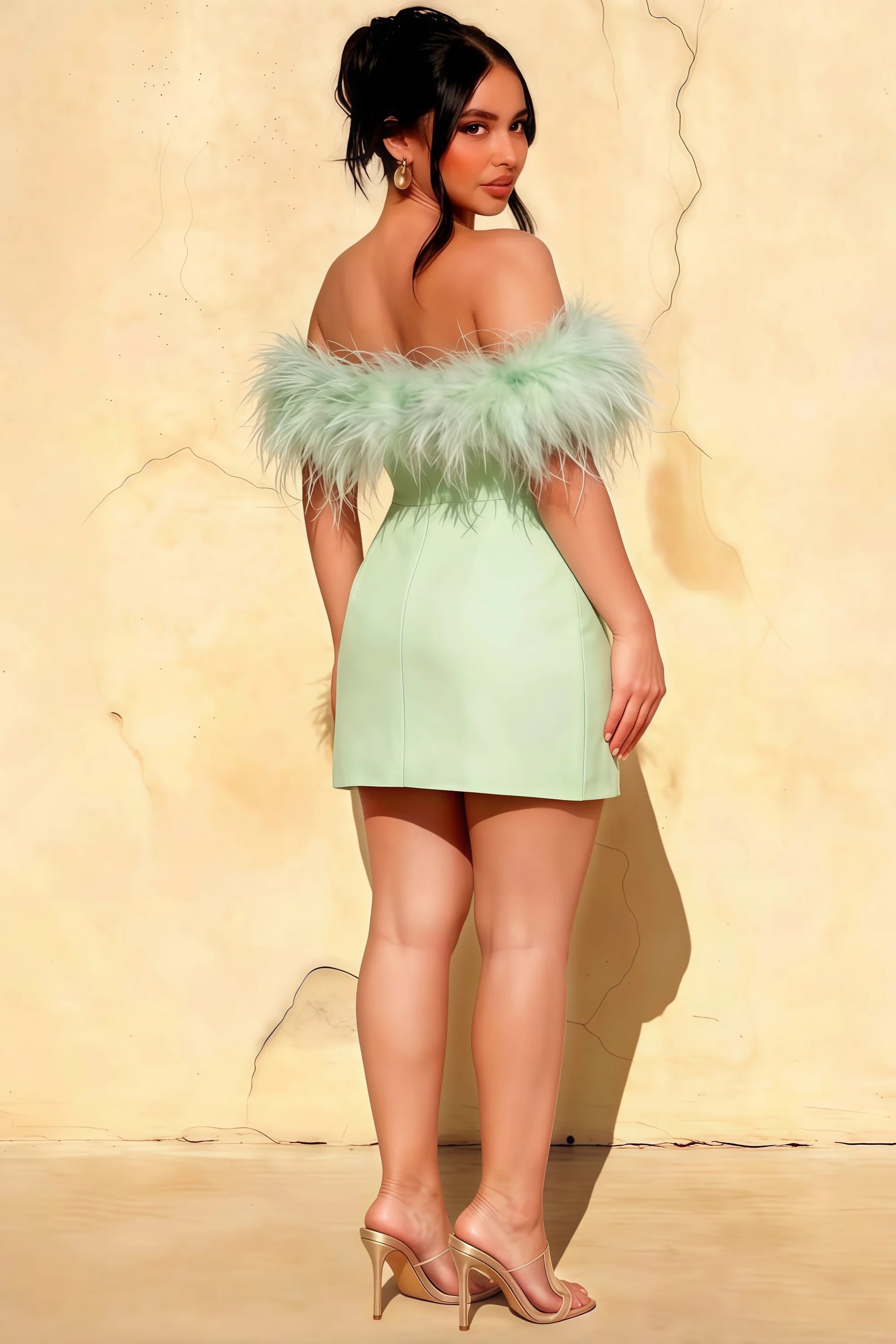 Back view of plus size Chloe sage green crepe dress with fluffy feather sleeves for bridesmaid and prom
