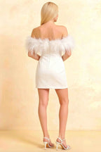 Back view of Chloe white strapless feather mini dress, back zipper closure, form-fitting silhouette, perfect for homecoming or cocktail parties.