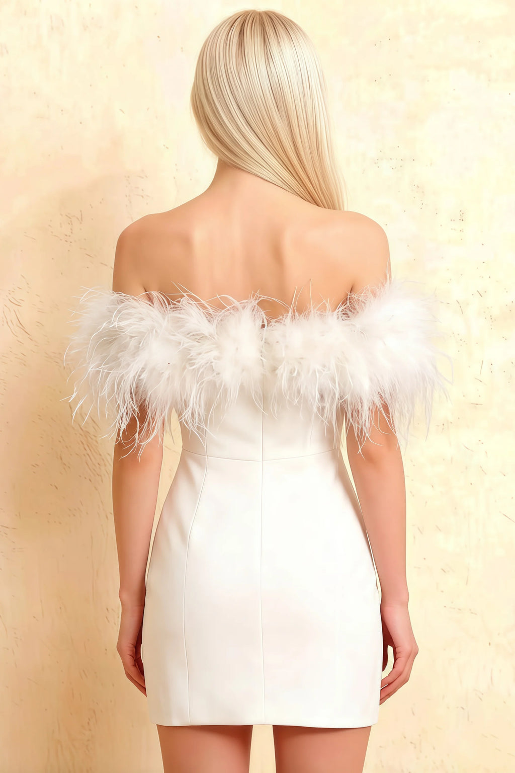 Detailed back view of Chloe white strapless dress showing smooth crepe finish and concealed zipper, suitable for bridesmaid party or formal dinner.