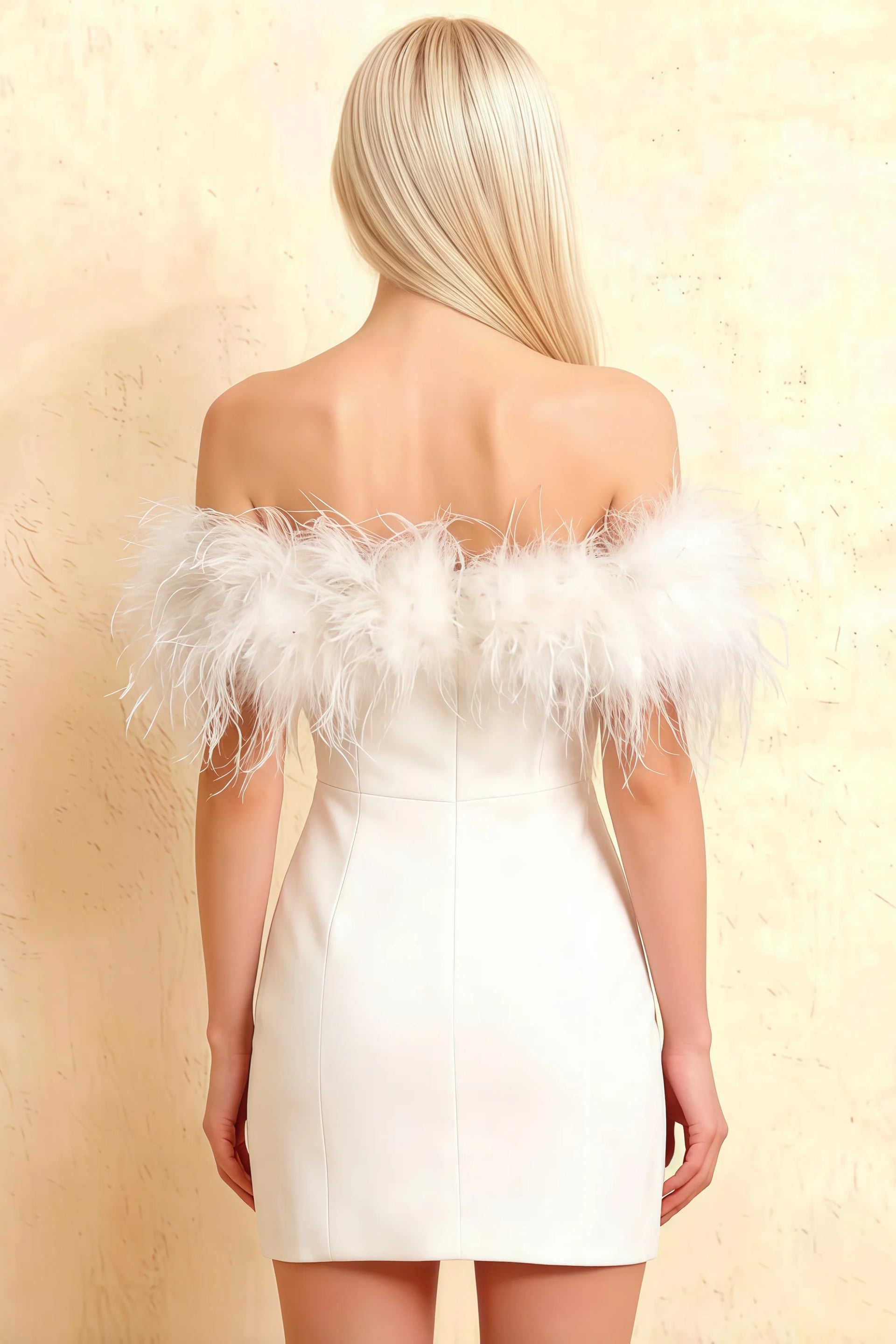 Detailed back view of Chloe white strapless dress showing smooth crepe finish and concealed zipper, suitable for bridesmaid party or formal dinner.