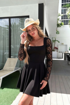 Customer photo wearing Christina black square neck lace sleeve scuba crepe mini dress casual resort vacation street style hat outfit