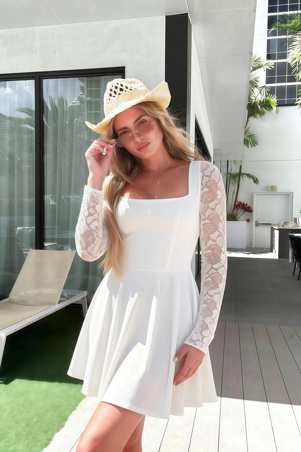 Customer photo of Christina white square neck lace sleeve mini dress worn outdoors for summer party.