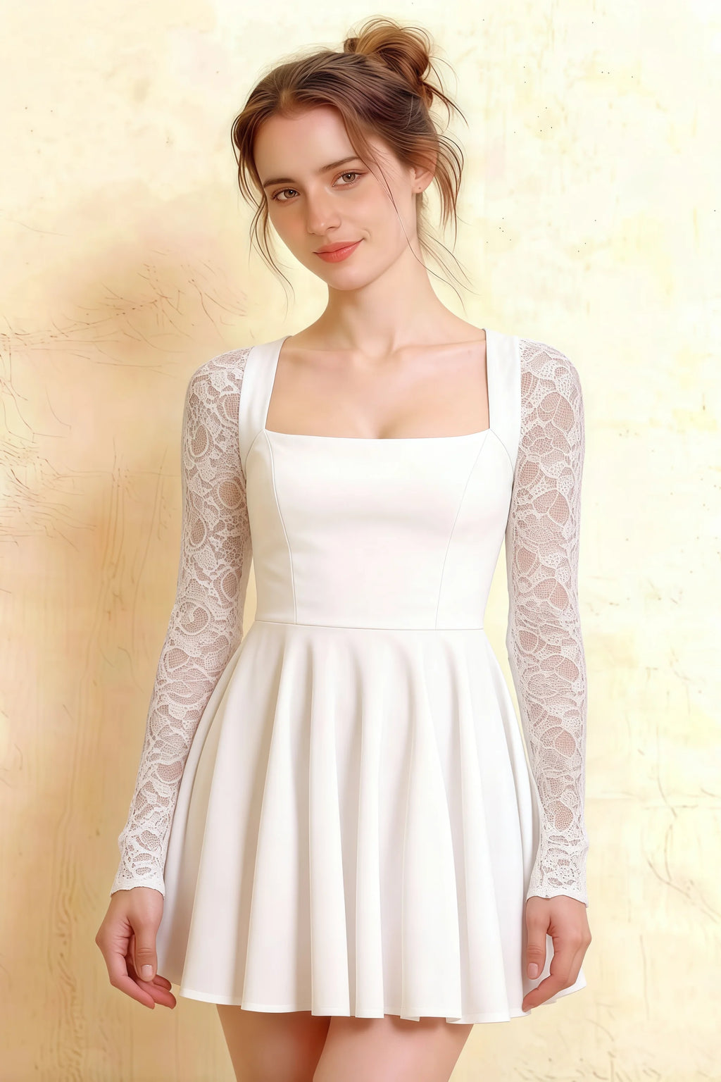 Close up front view of Christina white square neck long lace sleeves scuba crepe mini dress.