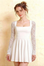 Close up front view of Christina white square neck long lace sleeves scuba crepe mini dress.