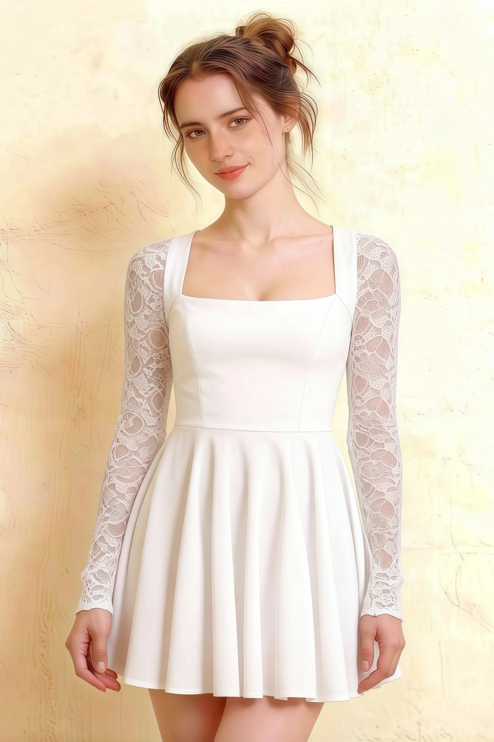 Close up front view of Christina white square neck long lace sleeves scuba crepe mini dress.