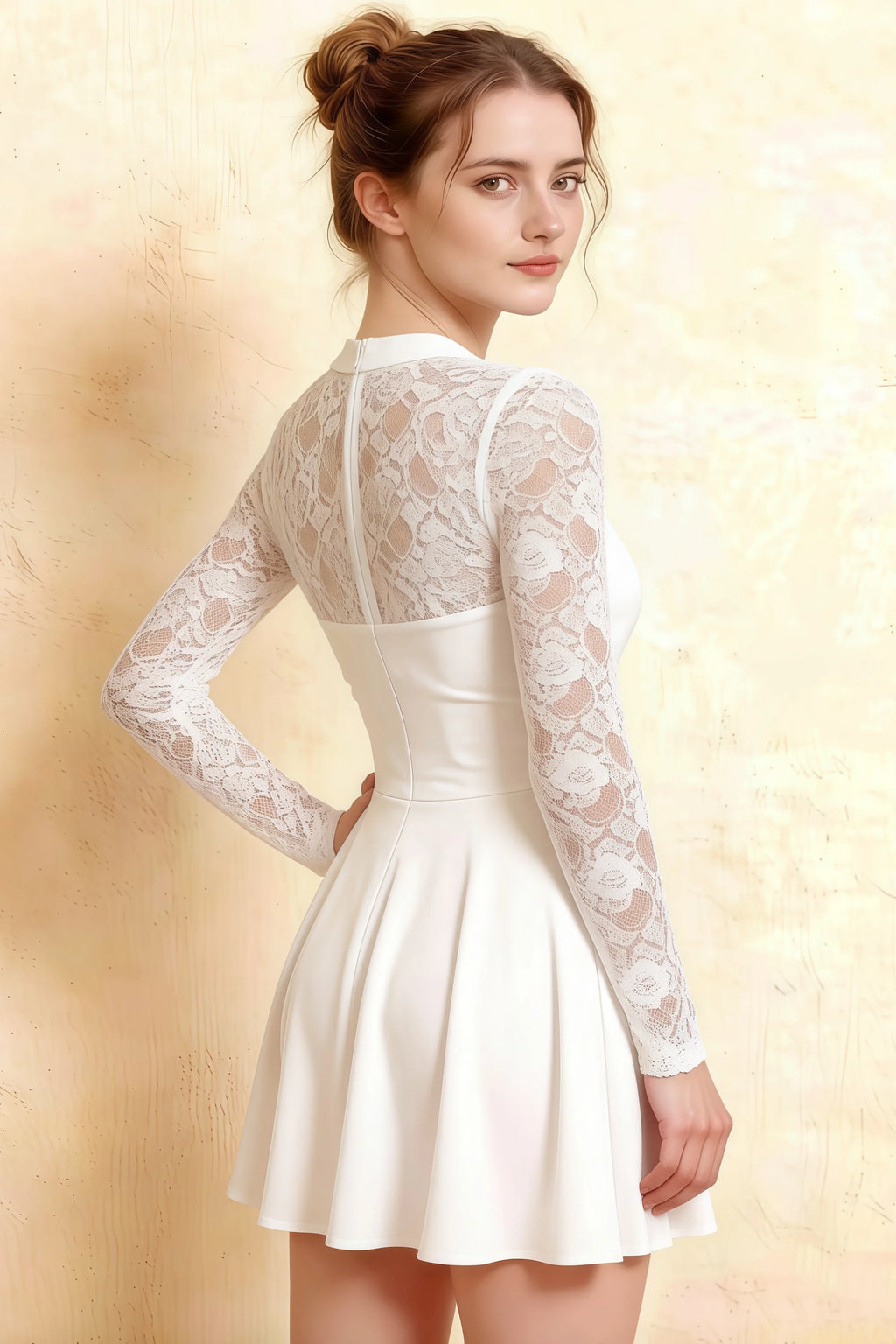 Detailed back view showcasing lace design of Christina white square neck long sleeve mini dress.
