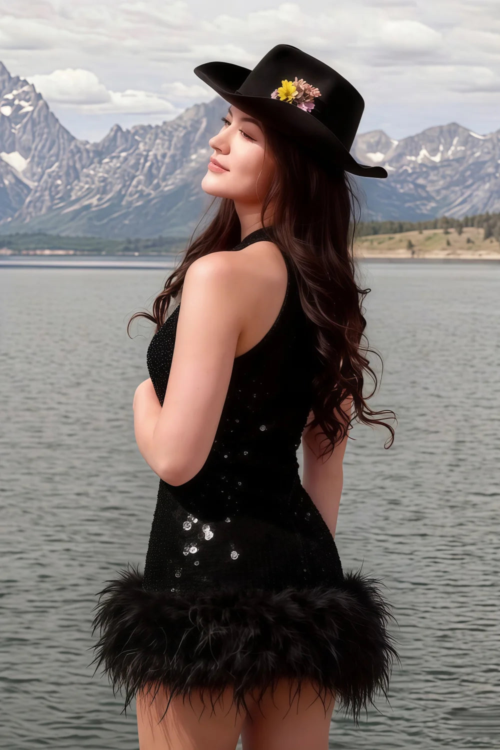 Christine Black Sequin High Neck Sleeveless Mini Dress with Feather Trim