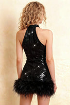 Christine Black Sequin High Neck Sleeveless Mini Dress with Feather Trim