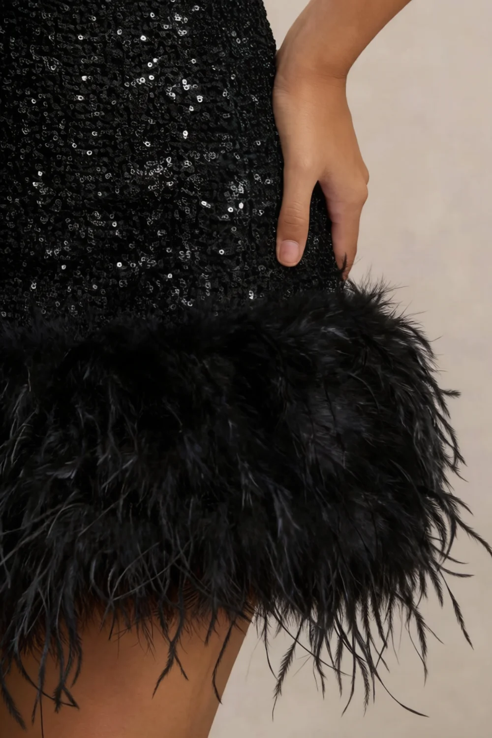 Christine Black Sequin High Neck Sleeveless Mini Dress with Feather Trim