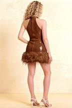 Back view of Christine brown sequin feather hem mini dress, high neck halter style suitable for semi-formal events.