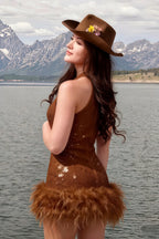 Real customer wearing Christine brown sequin high neck mini dress and cowboy hat, stylish outdoor lake scenery fit for prom.
